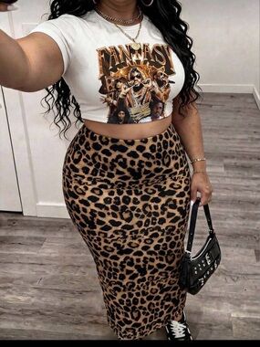 Leopard Print Midi Pencil Skirt - Brown